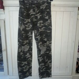 L & B Lucky and Blessed camo pants green beige  Sz 6 Distressed Knees Flare